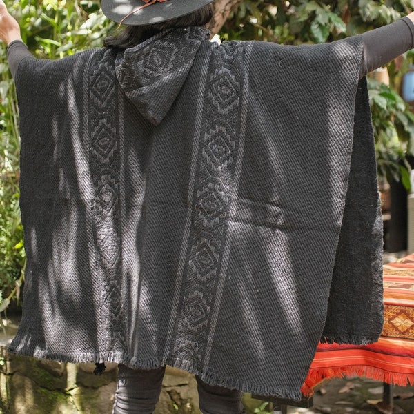 Dark Forest Handmade Wool Poncho. Closed in the front with Hood. Handcrafted by Indigenous Hands. Machine Washable! Free Shipping!