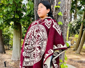 Alpaca Poncho (Aztec Calendar V) Handcrafted by Indigenous Hands. Soft and warm with hood. One size and Unisex use. Gift Ideas