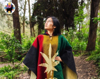 Alpaca Poncho (4.20 Rasta Style) Handcrafted by Indigenous Hands. Soft and warm with hood. One size and Unisex use.