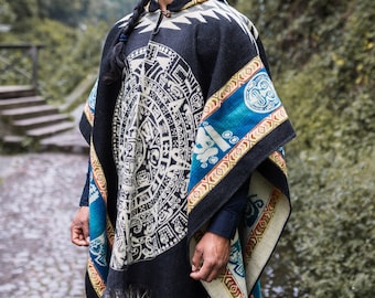 Handmade Alpaca Wool Poncho (Aztec Calendar Black IV) Super soft and warm with a hood. One size and Unisex use. FREE SHIPPING! Gift Ideas