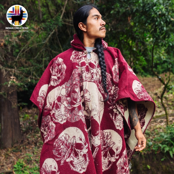 Poncho de lã de alpaca (caveira rosa) feito à mão por artesãos indígenas. Macio e quente, com capuz. Tamanho único e unissex. FRETE GRÁTIS! Ideias para presentes.