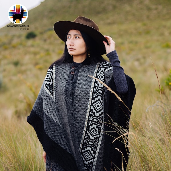 Handmade Wool Poncho. (Penumbral Eclipse) Closed in the front with Hood. Handcrafted by Indigenous Hands. Machine Washable! Free Shipping!