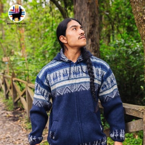 Handmade Alpaca Wool Jacket. (Blue Lake) Unisex use. Handcrafted by Indigenous crafters. Super warm and soft. Machine Washable! Gift Ideas