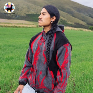 Alpaca Wool Jacket. (Red Spirit Wolf) Handcrafted by Indigenous crafters. Super warm and soft. Machine Washable! FREE SHIPPING! Gift Ideas