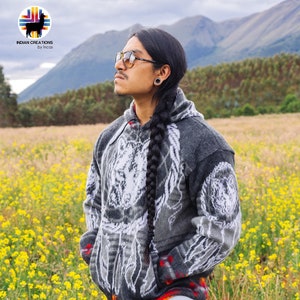 Handmade Alpaca Wool Jacket. (Wolf & Dreamcatcher I) Unisex. Handcrafted by Indigenous crafters, Super Warm. FREE SHIPPING! Gift Ideas