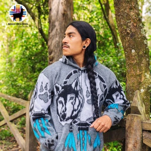 Alpaca Wool Jacket. (Wolf & Dreamcatcher III) Unisex use. Handcrafted by Indigenous Hands. Super warm and soft. FREE SHIPPING! Gift Ideas