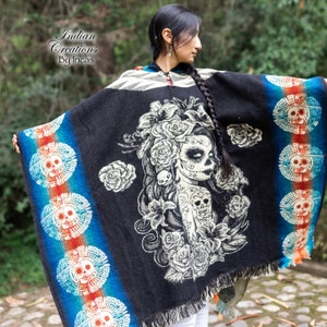 Handmade Alpaca Wool Poncho (Blue Catrina). Manufactured in Ecuador. Machine washable! Super soft! FREE SHIPPING!