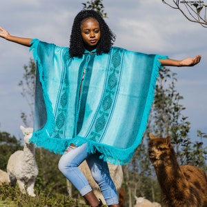 BABY ALPACA PONCHO.  Geometric Patterns created by Indigenous Crafters. Light weight but ultra-soft Cape.