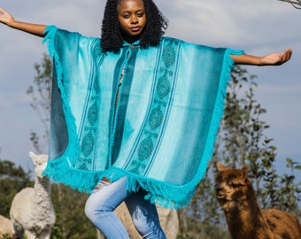 BABY ALPACA PONCHO.  Geometric Patterns created by Indigenous Crafters. Light weight but ultra-soft Cape.