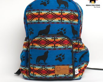Sac à dos en coton fait main (loup bleu électrique) fabriqué par des mains autochtones. Uniques, accessibles. Lavable en machine ! LIVRAISON GRATUITE ! Idées cadeaux