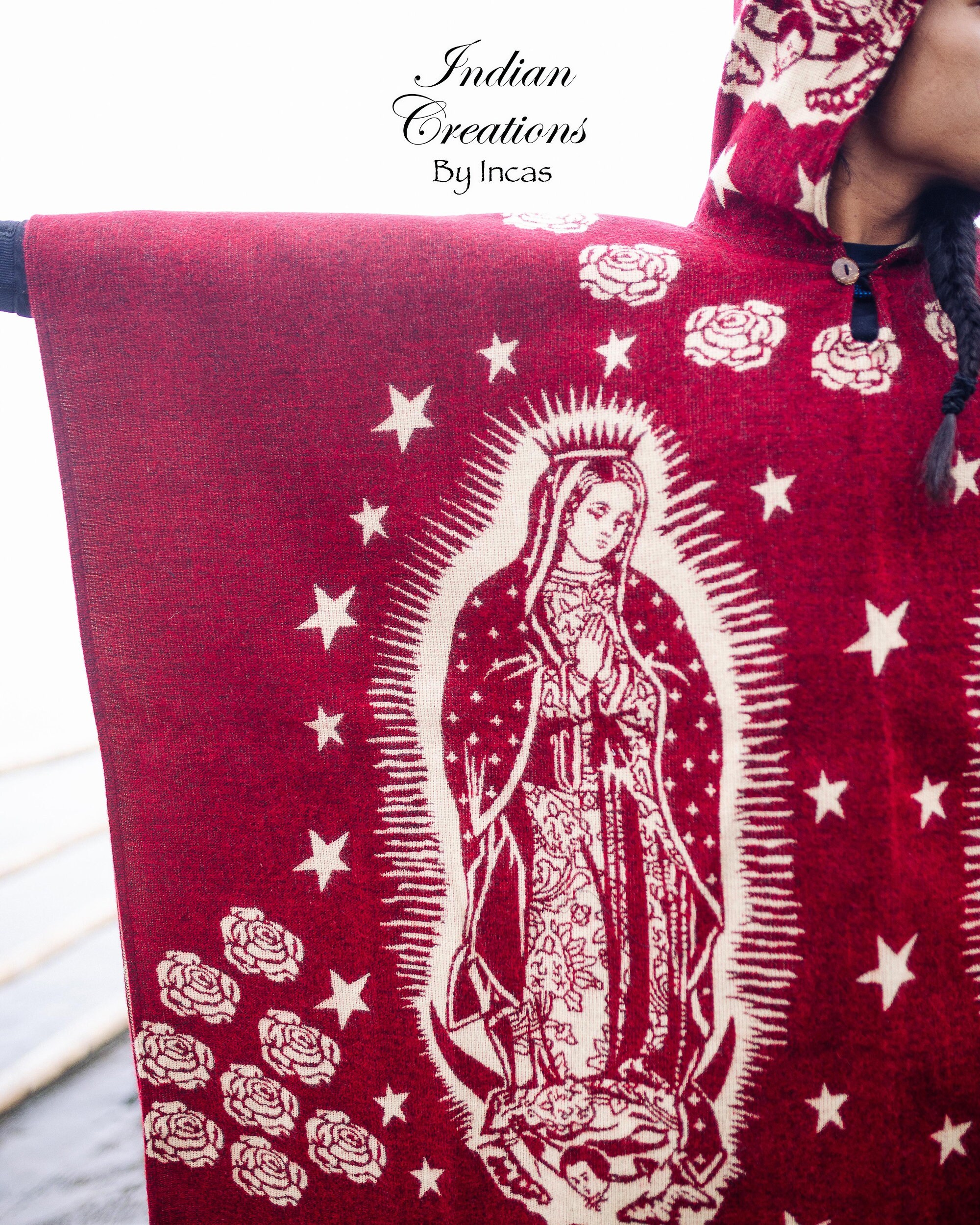 Our Lady of Guadalupe Red Sky Alpaca Poncho. Handmade, Super Soft