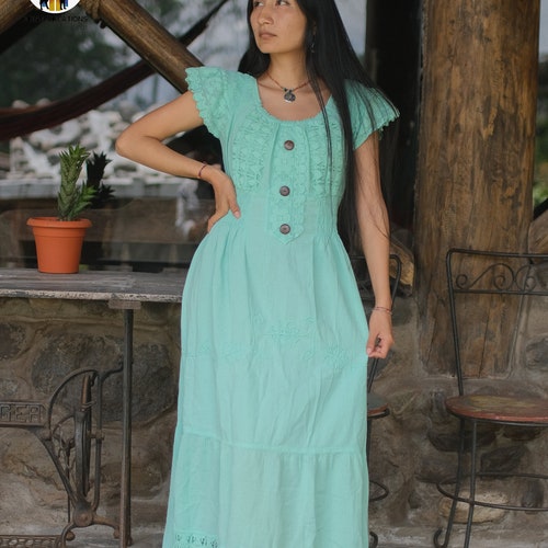quetzal green dress Hand-stitched Cotton Dress (Resplendent Quetzal) Bohemian Style. Super –  Indian Creations Corp main image 1