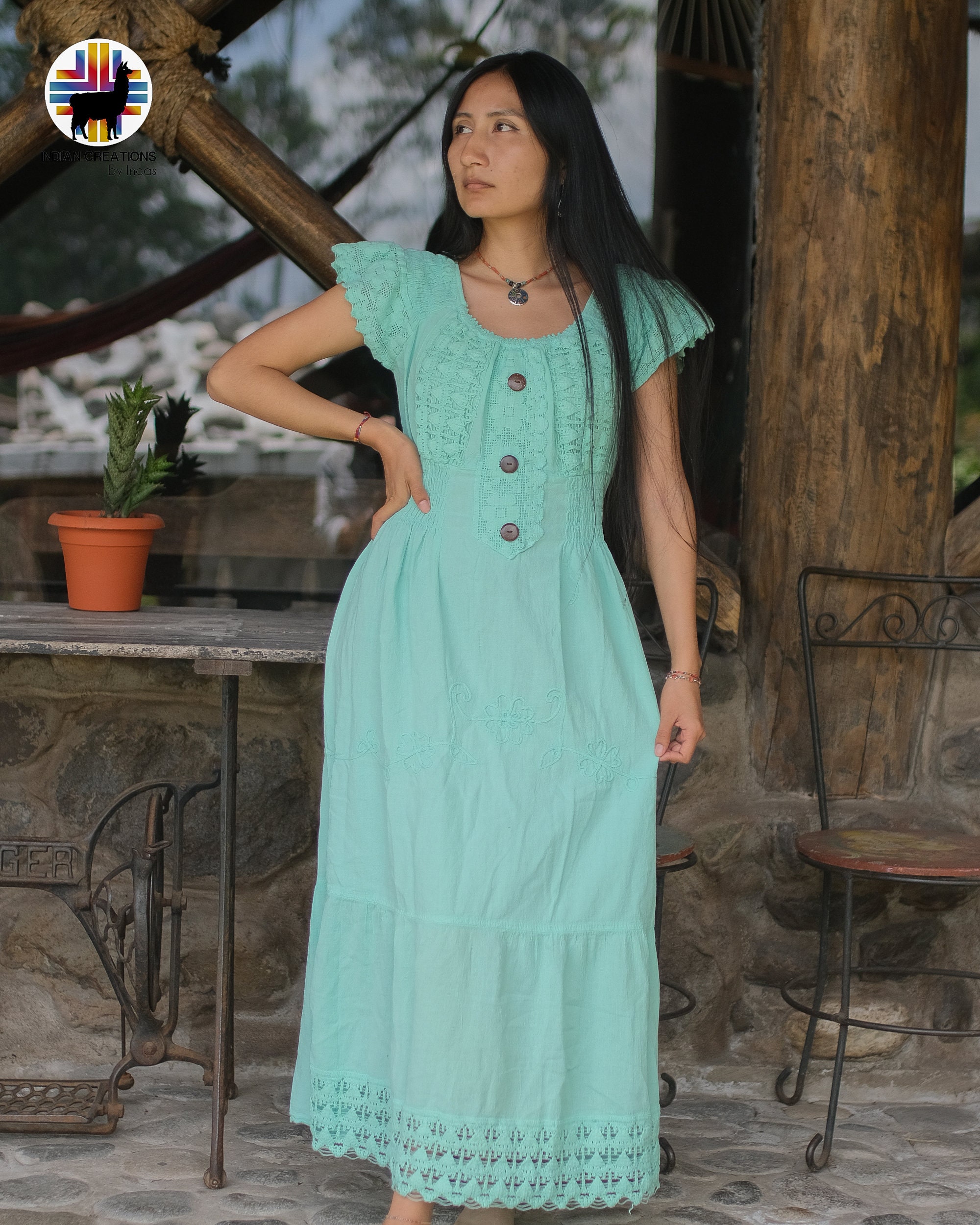 Hand-stitched Cotton Dress (Resplendent Quetzal) Bohemian Style. Super Comfortable and Machine Washable. One Size. FREE SHIPPING! Gift Ideas