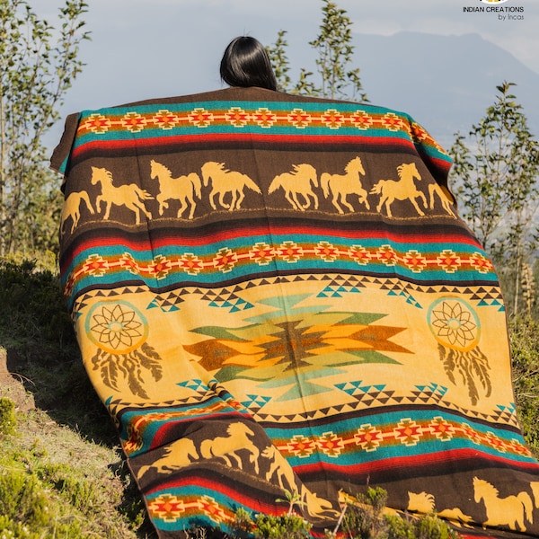 Handmade Alpaca Wool Blanket. (Spirit Horse) Queen Size. Handcrafted by Indigenous Hands. Super Soft and Warm. San Valentine Gift Ideas