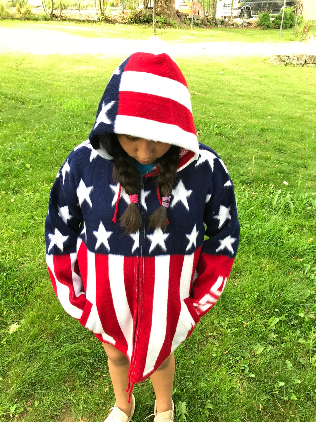 【U LAN】American Flag Pigment Knit Hood Zip-Up American Flag Pigment Knit Hood Zip-Up - ULAN | 60% - Asian