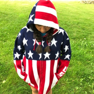 American Flag Alpaca Jacket. Soft, Warm, with Hood and Machine washable. Handcrafted in Ecuador! Gift Ideas