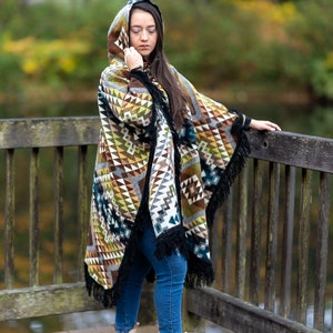 Geometric Southwestern style Alpaca Cape. Crafted by Indigenous Hands. Very soft and warm with a hood. Christmas Gift Ideas.