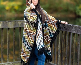 Geometric Southwestern style Alpaca Cape. Crafted by Indigenous Hands. Very soft and warm with a hood. Christmas Gift Ideas.