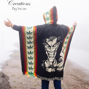 Handmade Alpaca Wool Poncho. (Black Joker) Handcrafted By Indigenous Hands. Soft and warm! Unisex with a Hood. FREE SHIPPING! Gift Ideas