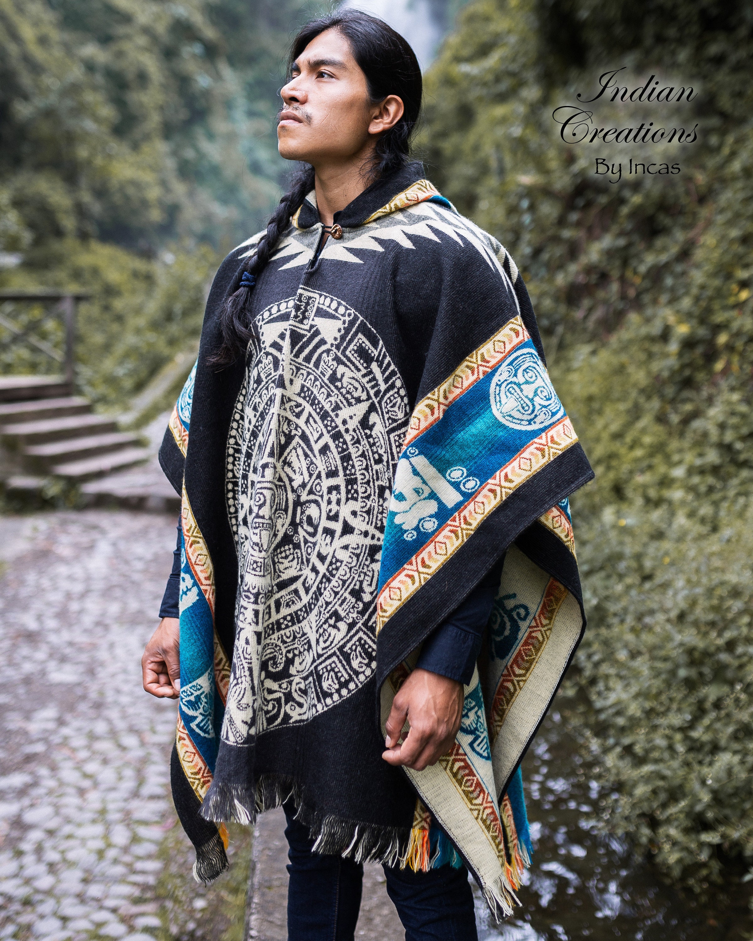 Alpaca wool Mens Unisex Hooded Poncho Aztec pattern all seasons