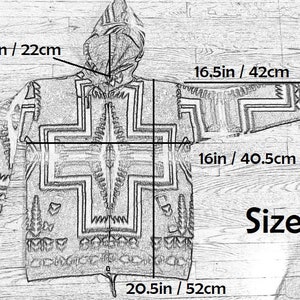 May include: A black and white patterned hooded sweater with a zipper closure. The sweater has a geometric design and the text "Size 8" is printed on the bottom right corner. The sweater measures 9 inches by 22 inches, 16.5 inches by 42 inches, 16 inches by 40.5 inches, and 20.5 inches by 52 inches.