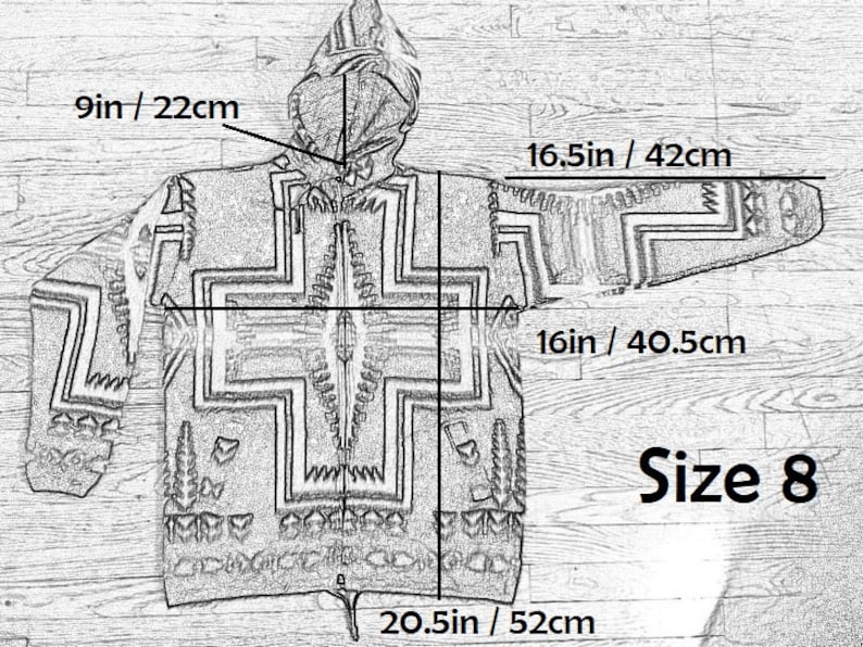 May include: A black and white patterned hooded sweater with a zipper closure. The sweater has a geometric design and the text "Size 8" is printed on the bottom right corner. The sweater measures 9 inches by 22 inches, 16.5 inches by 42 inches, 16 inches by 40.5 inches, and 20.5 inches by 52 inches.