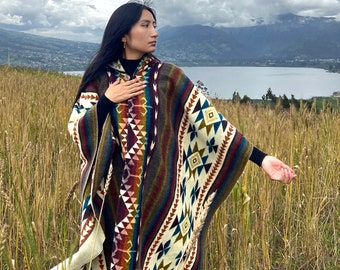 Alpaca Wool Poncho (Yellow Desert II). Exclusive Desing! Crafted by Indigenous Hands.One size, a Hooded poncho. San Valentine Gift Ideas