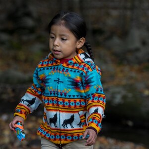 May include: A young person wearing a colorful, patterned sweater with a zipper. The sweater has a geometric design with black wolf silhouettes. The person is holding a small toy car in their hand.