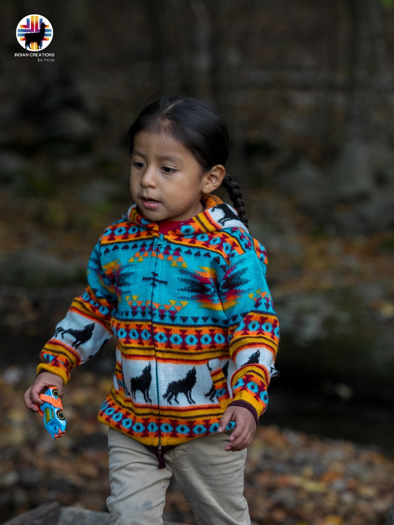 May include: A young person wearing a colorful, patterned sweater with a zipper. The sweater has a geometric design with black wolf silhouettes. The person is holding a small toy car in their hand.
