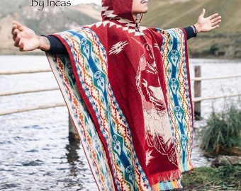 Indian Chief and Horse Alpaca Poncho. Hooded poncho. Created by Native Hands. Soft, comfortable, unique and affordable.