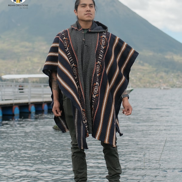 Handmade Wool Poncho. (Desert Night) Closed in the front with Hood. Handcrafted by Indigenous Hands. Machine Washable! Free Shipping!