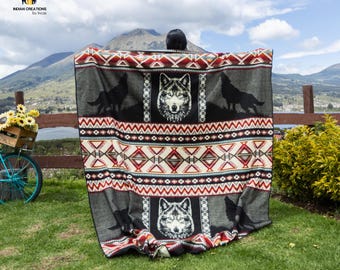 Handmade Alpaca Wool Blanket. (Wolf Holding) Queen Size. Handcrafted by Indigenous Hands. Super Soft and Warm. FREE SHIPPING. Gift Ideas