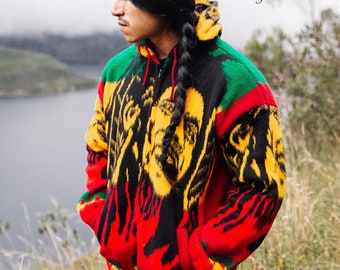 Bob Marley Handmade Jacket. Handcrafted by Indigenous hands with Alpaca Wool.  Warm and soft with unique design. Gift Ideas