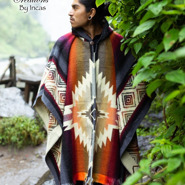 Poncho amérindien en alpaga géométrique (désert Thunder). CONCEPTION EXCLUSIVE ! Ultra doux et chaud. Lavable en machine ! Idées cadeaux pour la Saint-Valentin