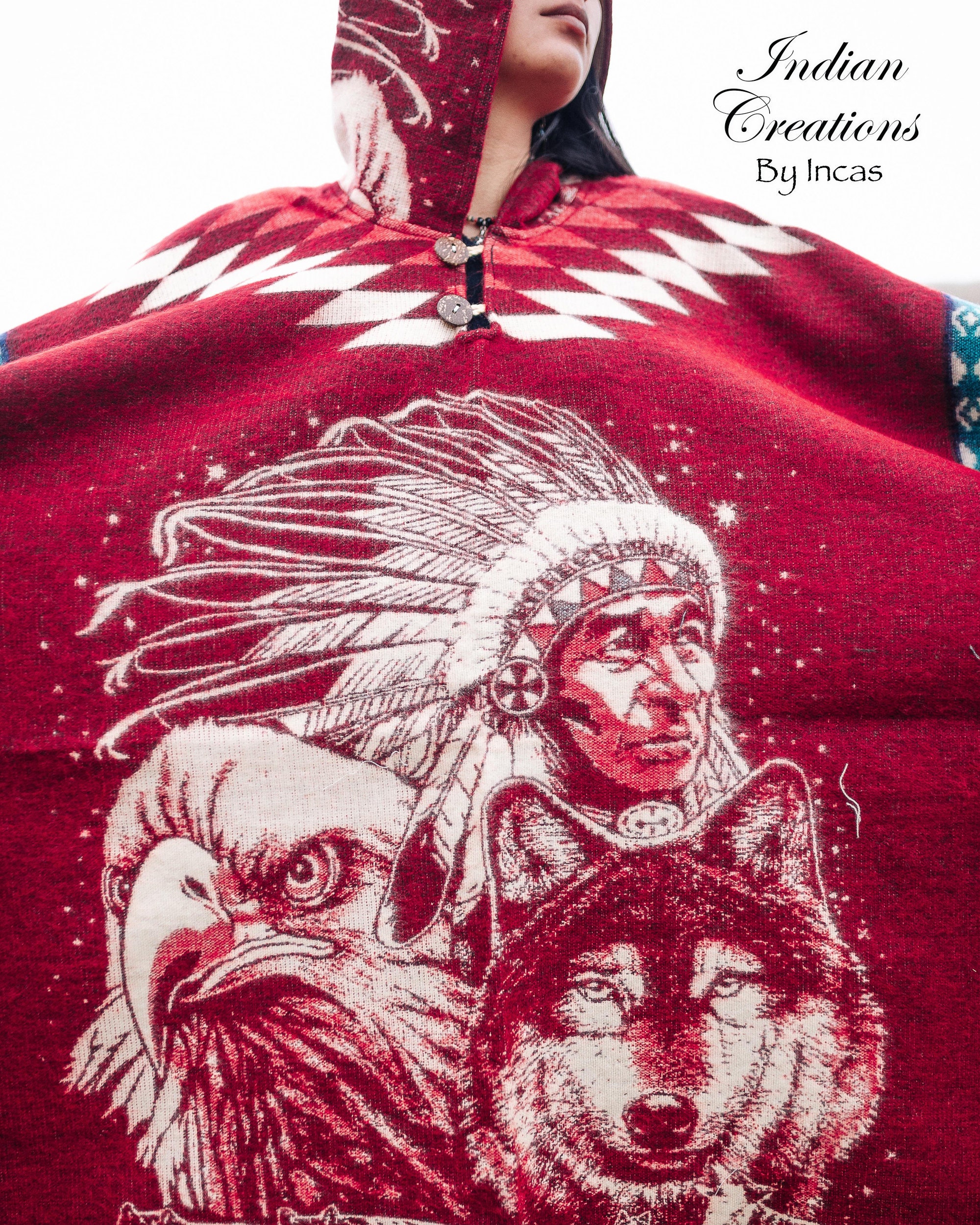 Handmade Alpaca Wool Poncho. red Indian Eagle and Wolves Hooded Poncho. Unisex Use. Machine Washable. FREE SHIPPING Gift Ideas Etsy Canada