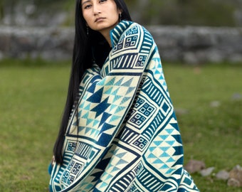 Handmade Alpaca Wool Blanket. (Blue Ridge Mountains) Queen Size. Handcrafted by Indigenous Hands. Super Soft, Warm. San Valentine Gift Ideas