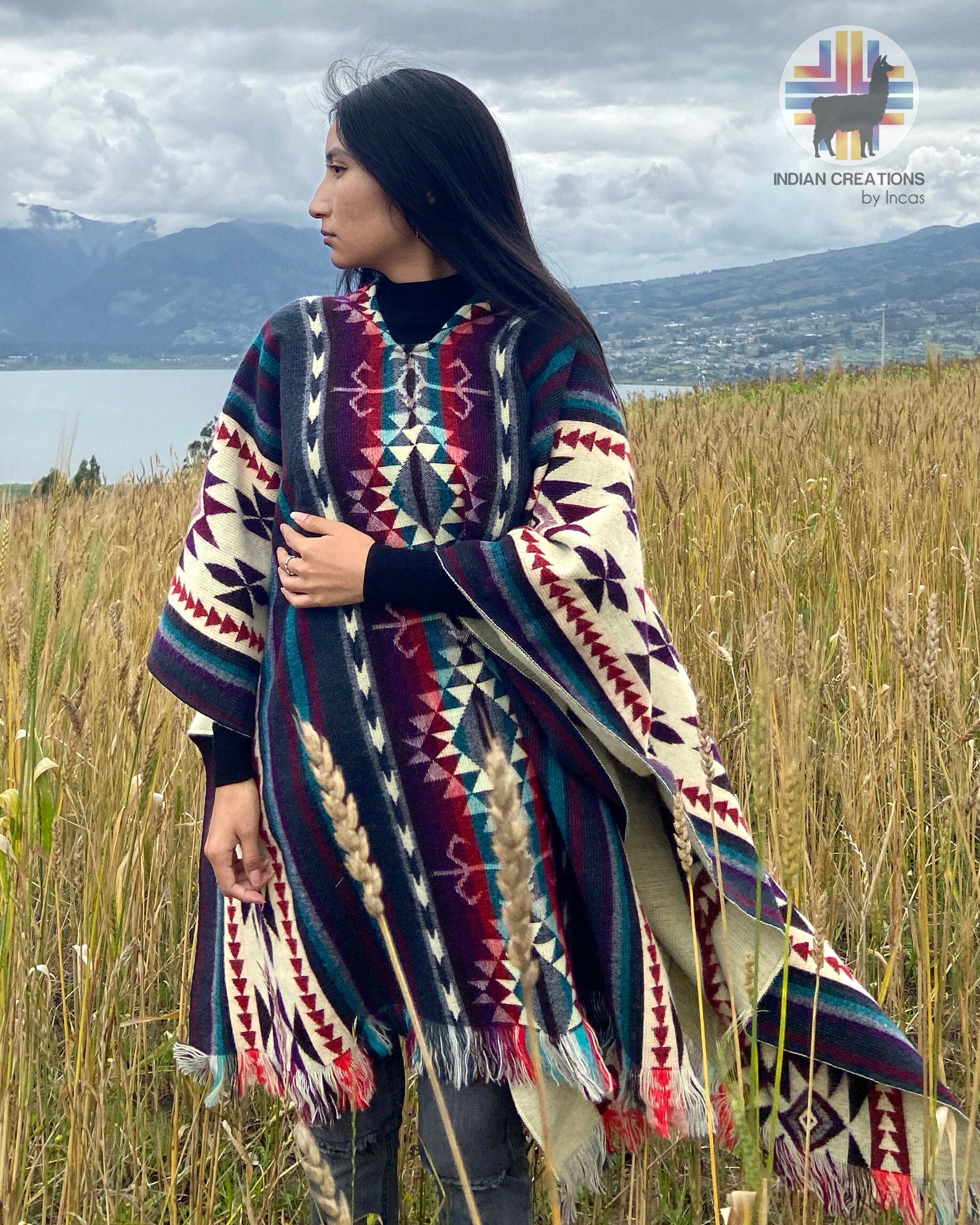 Handmade Alpaca Wool Poncho (Purple & Blue). One Size. Exclusive Design! Created by Indigenous Hands. FREE SHIPPING! Gift Ideas