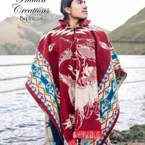 Hermoso poncho de alpaca. (Jefe y Caballo). Poncho con capucha. Hecho a mano por manos indígenas. Suave. Único. Económico. ¡ENVÍO GRATIS! Idea de regalo.