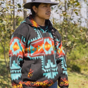Handmade Alpaca Wool  Jacket. (Blue Southwestern Cross) Crafted by Indigenous Hands.  Super warm and soft. Machine Washable! FREE SHIPPING!