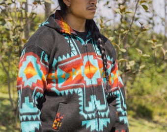 Blue Southwestern Cross Alpaca Jacket. Handcrafted by Indigenous Hands.  Super warm and soft. Machine Washable!