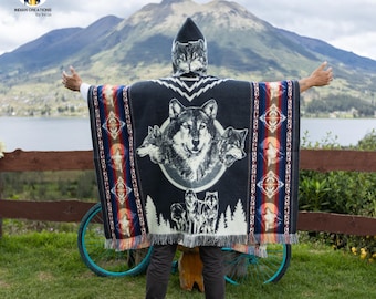 Alpaca Wool Poncho (Wolf Faces) Handcrafted by Indigenous Hands. Soft and warm with a hood.One size. Unisex. FREE SHIPPING! Gift Ideas