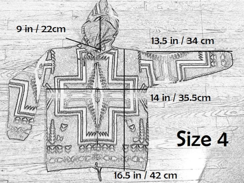 May include: A black and white patterned hooded sweater with a zipper closure. The sweater has a geometric design and measures 13.5 inches wide by 14 inches long. Size 4.