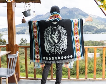 Alpaca Wool Poncho (Dark Dreamcatcher) Crafted by Indigenous Hands. Soft and warm with a hood.One size. Unisex. FREE SHIPPING! Gift Ideas