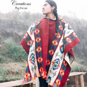 Poncho unisex de lana de alpaca (Cielo Rojo). ¡Hecho en Ecuador! Elaborado por manos indígenas. Talla única. Unisex. ¡ENVÍO GRATIS! Ideas para regalar.