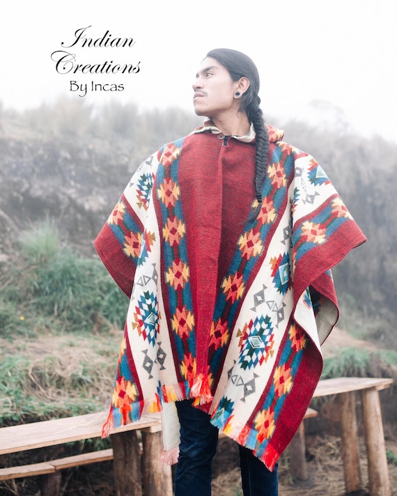 Unisex Alpaca Wool Poncho (red Sky) Made in Ecuador! Crafted by 