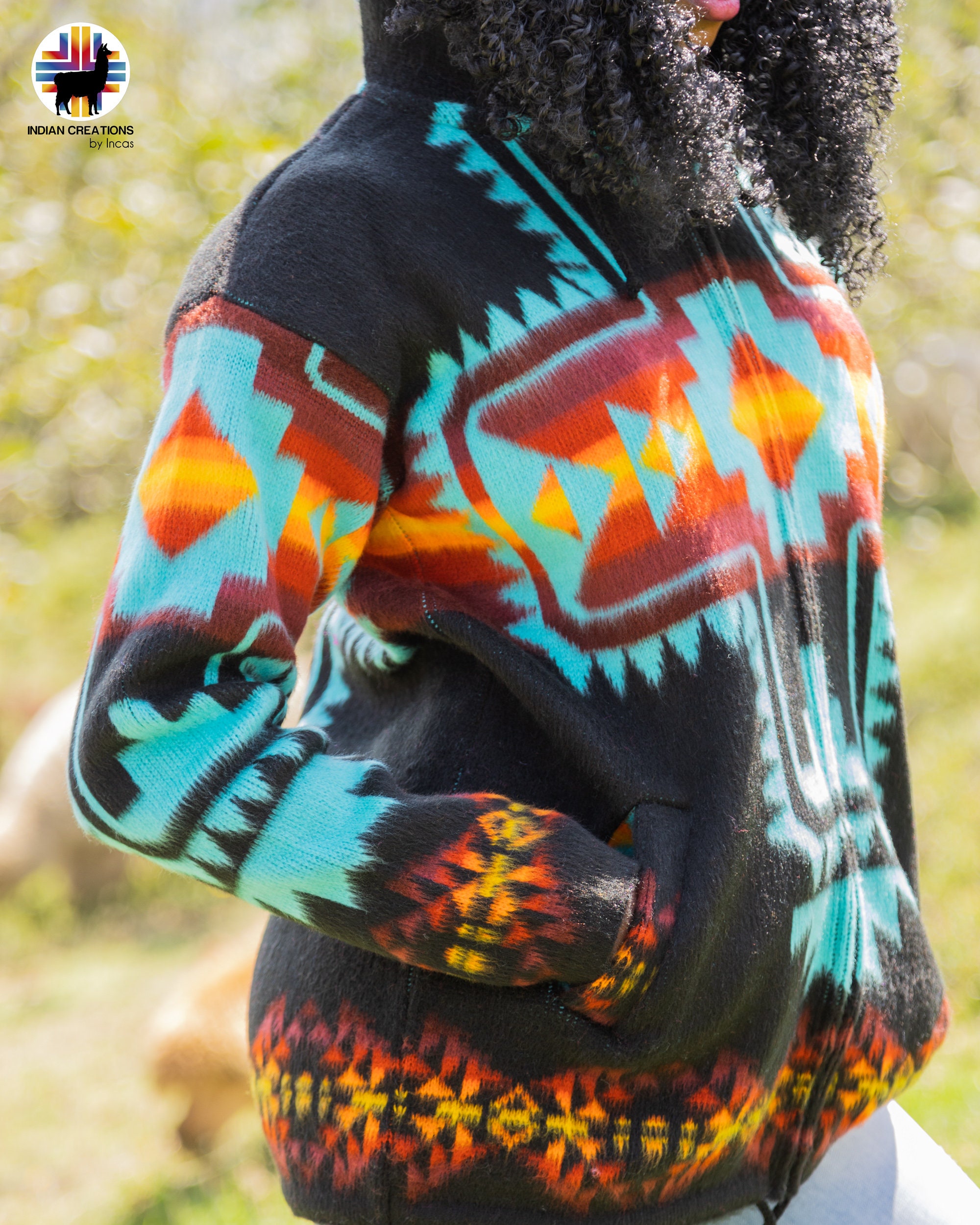 Handmade Alpaca Wool Jacket. (blue Southwestern Cross