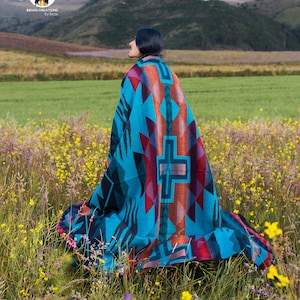 Handmade Geometric Alpaca Wool Blanket. (Blue Thunder)Queen Size. Handcrafted by Indigenous Hands.Super Soft and Warm. Christmas Gift Ideas