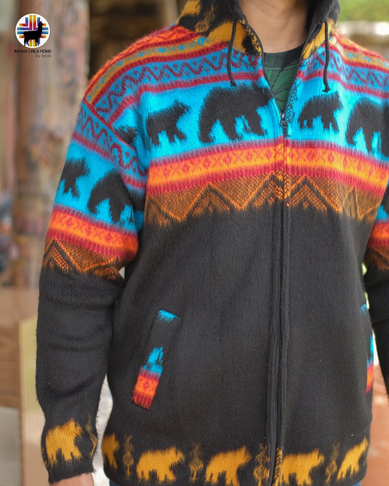 Alpaca Wool Jacket bear in the Sunset Handcrafted by Indigenous Hands