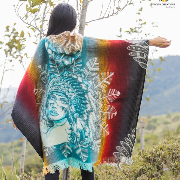 Poncho unissex de lã de alpaca. (Guerreiro Indígena) Design exclusivo da Indigenous Hands! Tamanho único. Lavável à máquina. FRETE GRÁTIS! Ideias para presentes.