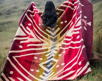 Alpaca Wool Blanket. Ultra soft and warm. (Scarlet Dream) Beautifully designed by Indigenous Crafters. Free Shipping! Gift Ideas